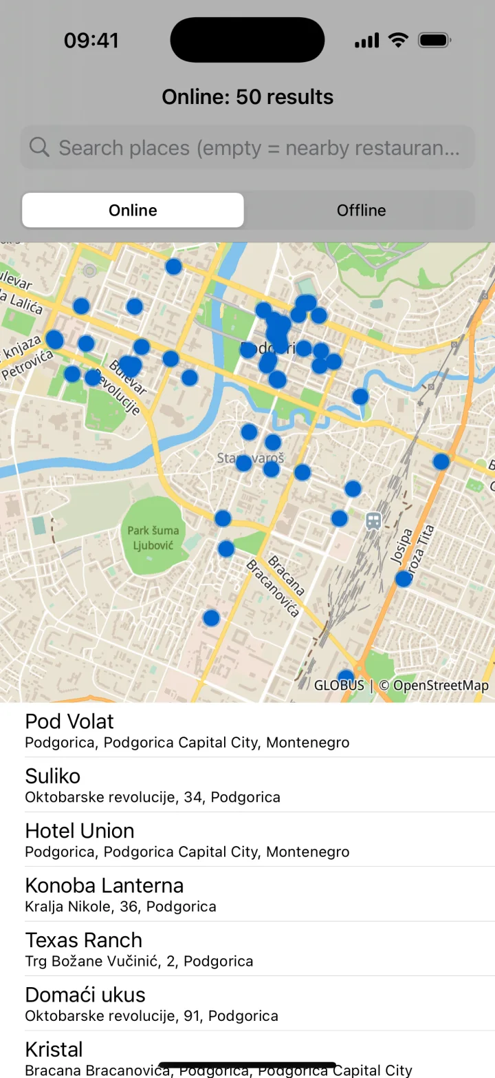 Online search results displayed on the map and in a table