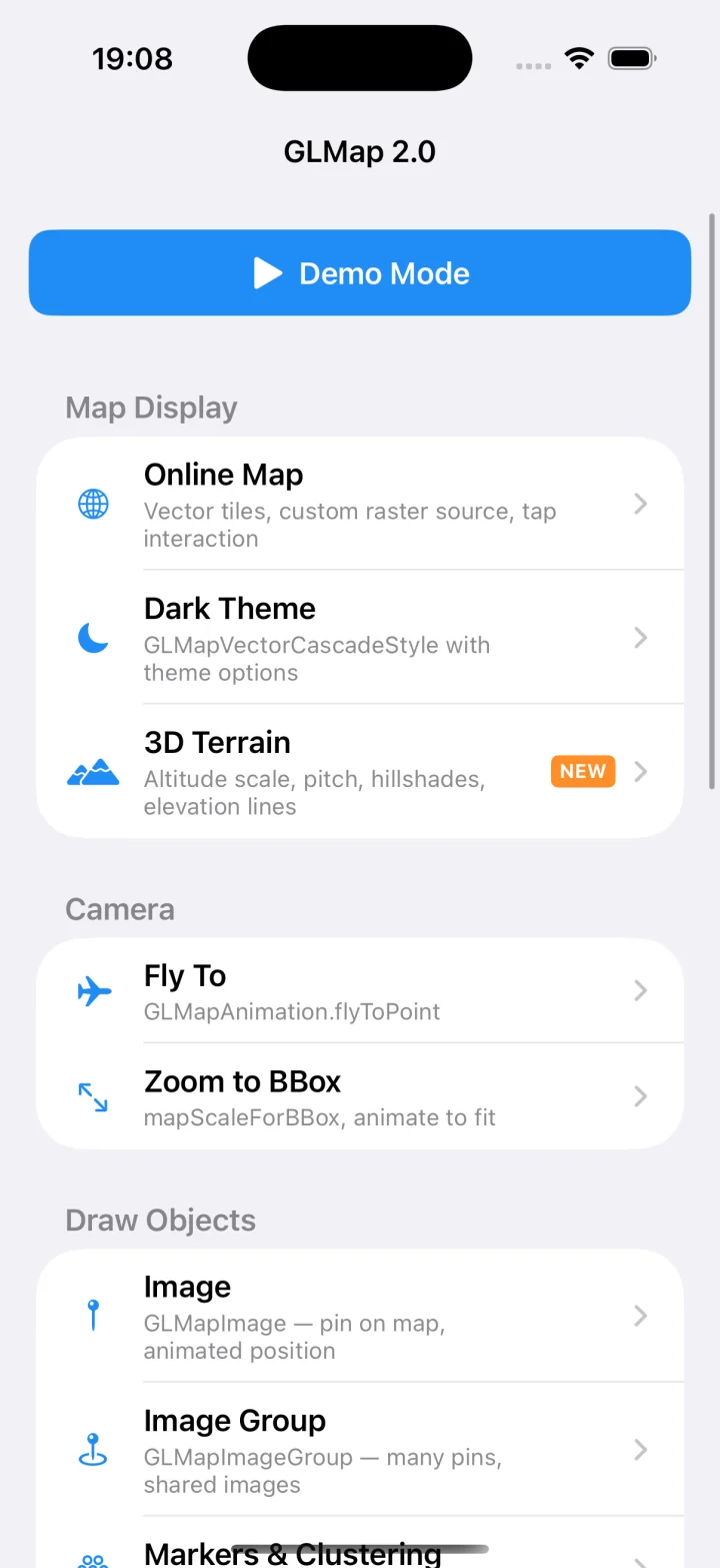 GLMap 2.0 features in the SwiftDemo reference app
